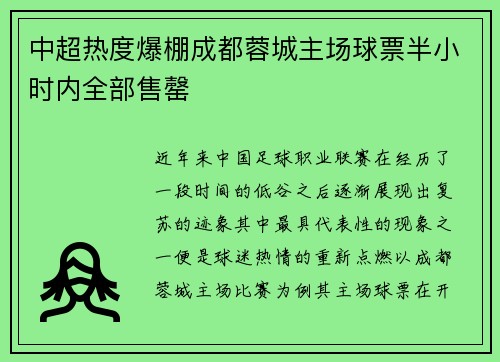 中超热度爆棚成都蓉城主场球票半小时内全部售罄 中超热度爆棚成都蓉城主场球票半小时内全部售罄