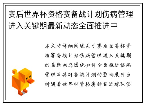 赛后世界杯资格赛备战计划伤病管理进入关键期最新动态全面推进中